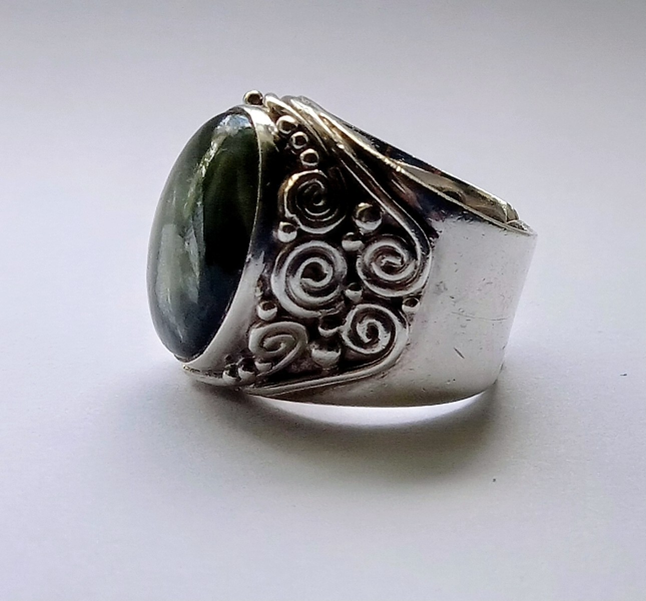 Silver Seraphinite Cabochon Statement Ring Adjustable To Size 6.5