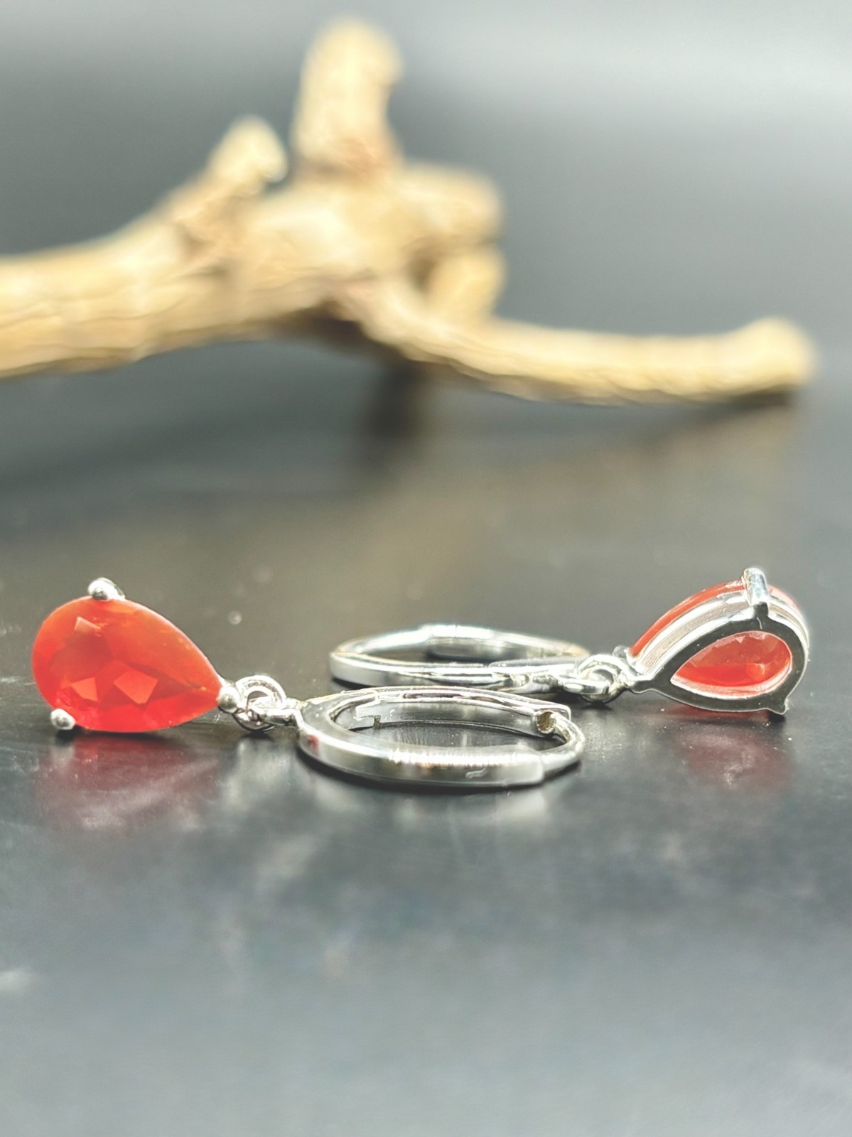 Mexican Fire Opal Dangle Earrings in Sterling Silver | Pear Cut 9x6mm, 1.41 CTS