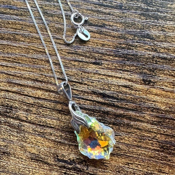 Swarovski Austrian Crystal Aurora Borealis Baroque Pendant 925 Silver Necklace