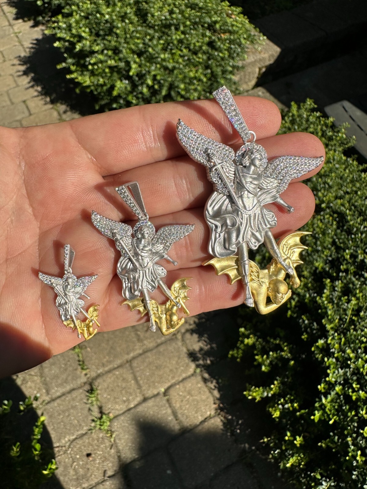 MOISSANITE St Michael Slaying Dragon Pendant 925 Silver & 14k Gold Necklace Iced