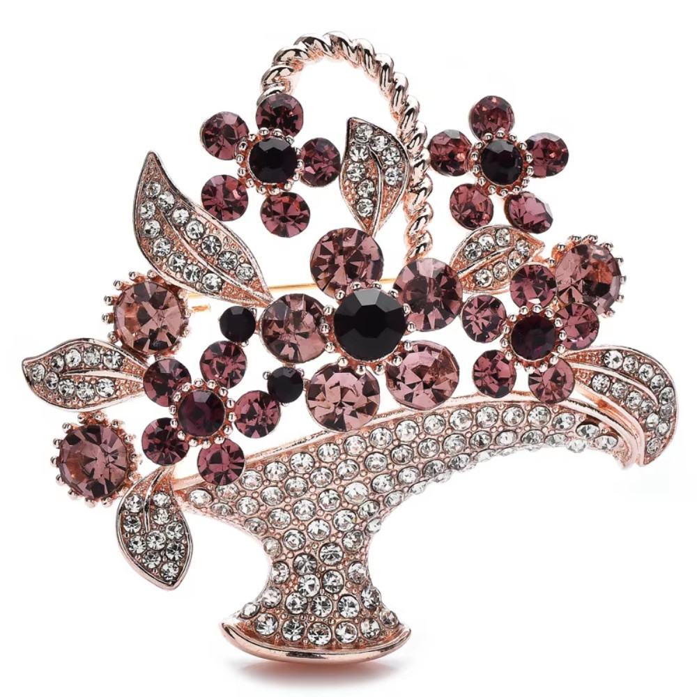 Luxury Easter Spring Flower Basket Brooch Sparkling Rhinestone Pin Jewelry Gift
