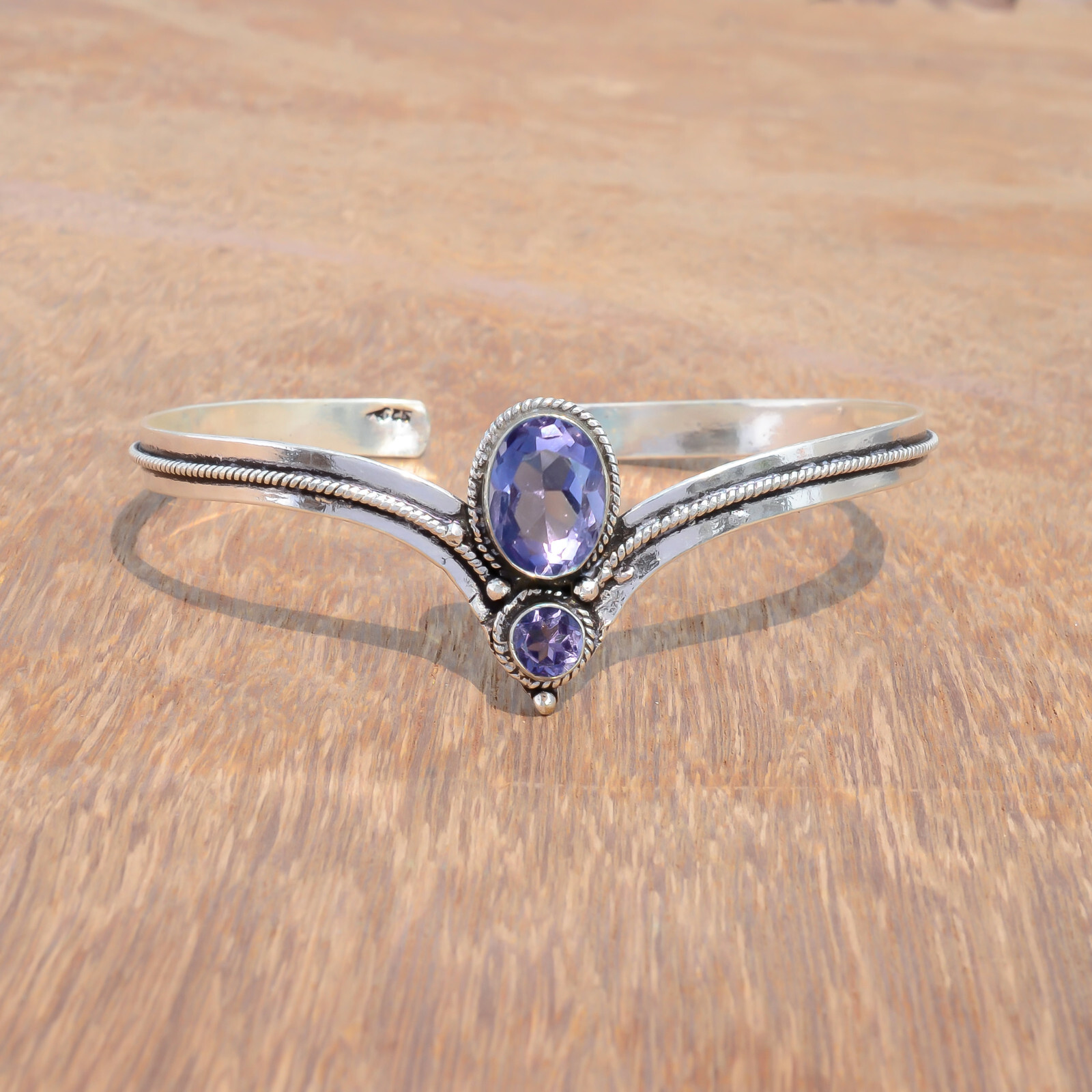 Faceted Amethyst Gemstone 925 Sterling Silver Bangle Cuff Surprise Gift Jewelry