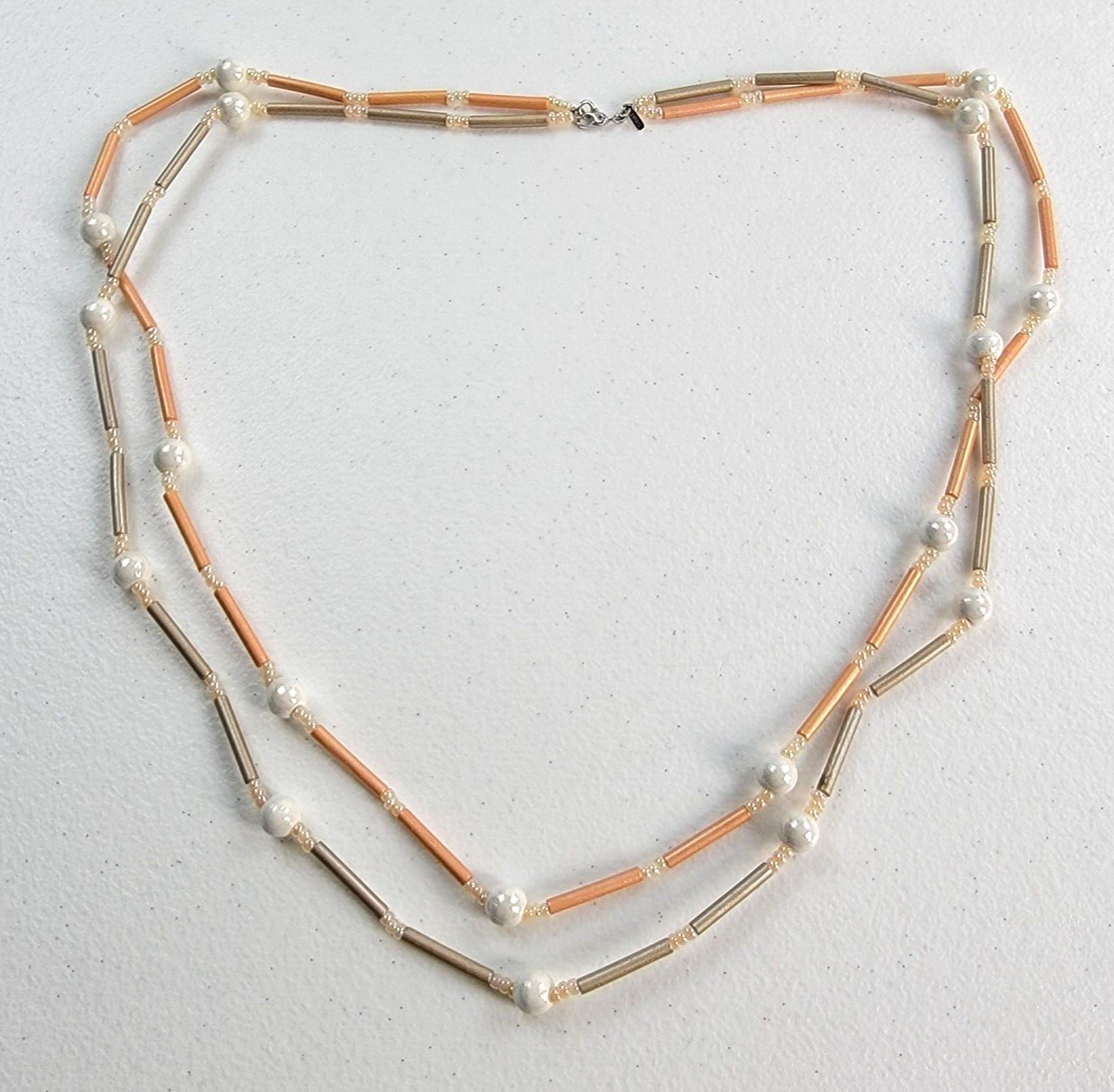 Monet Mid Century Faux Pearl And Wood Ball/Bar Link Chain Necklace 28″