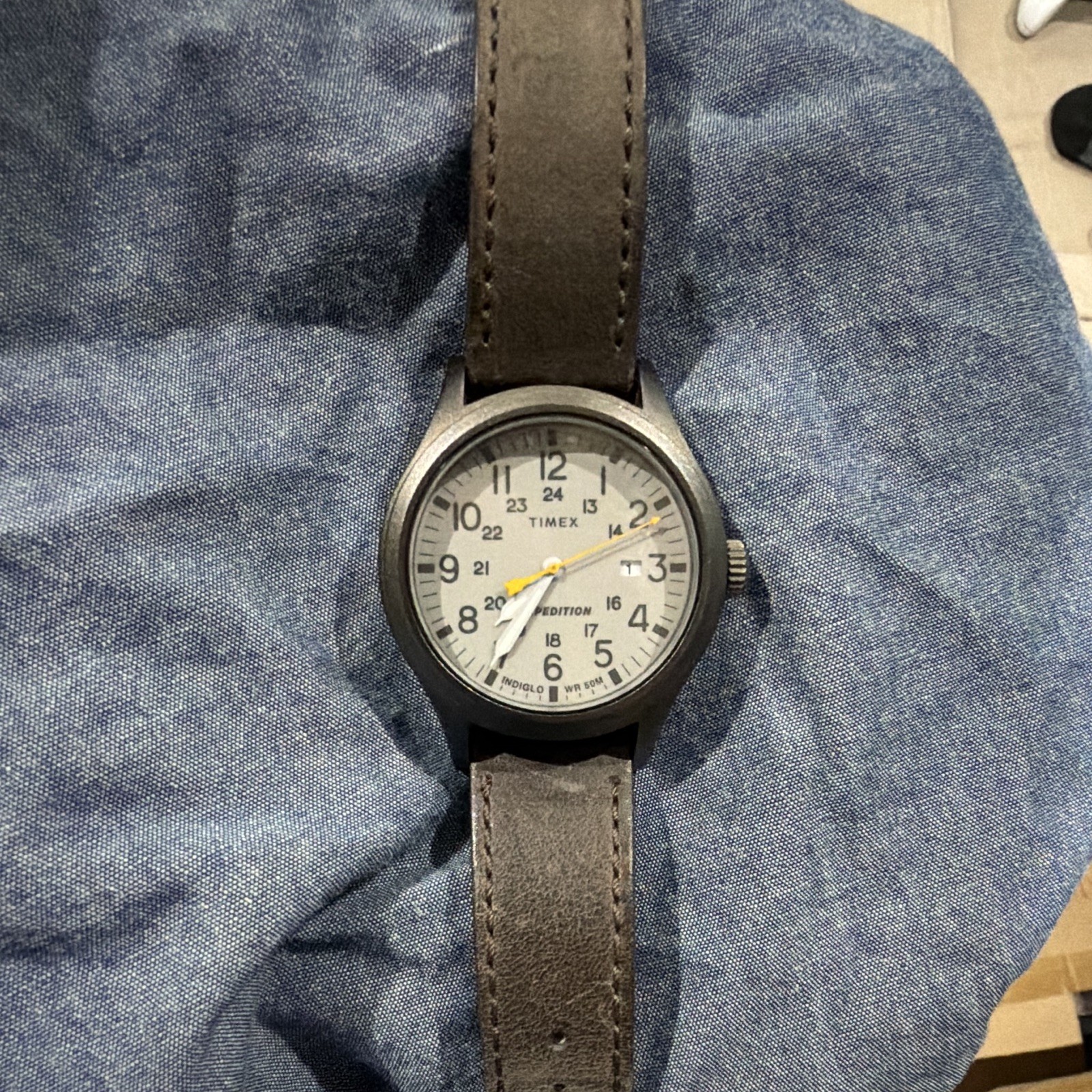 Timex Expedition Quartz 40mm Gray Dial Brown Leather Strap 24-Hour 30m WR