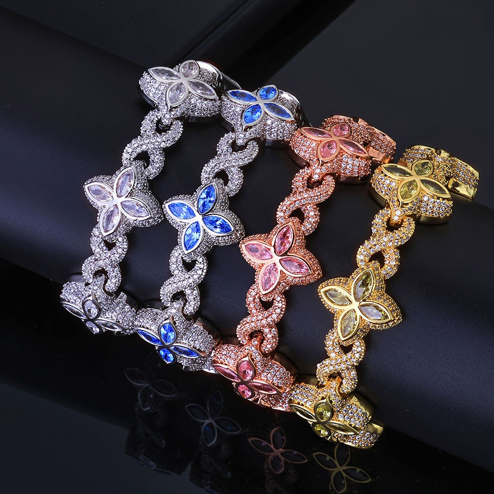 18K Gold Plated Four Leaf Clover Chain 5A Iced CZ Out Hip Hop Jewelry for Men