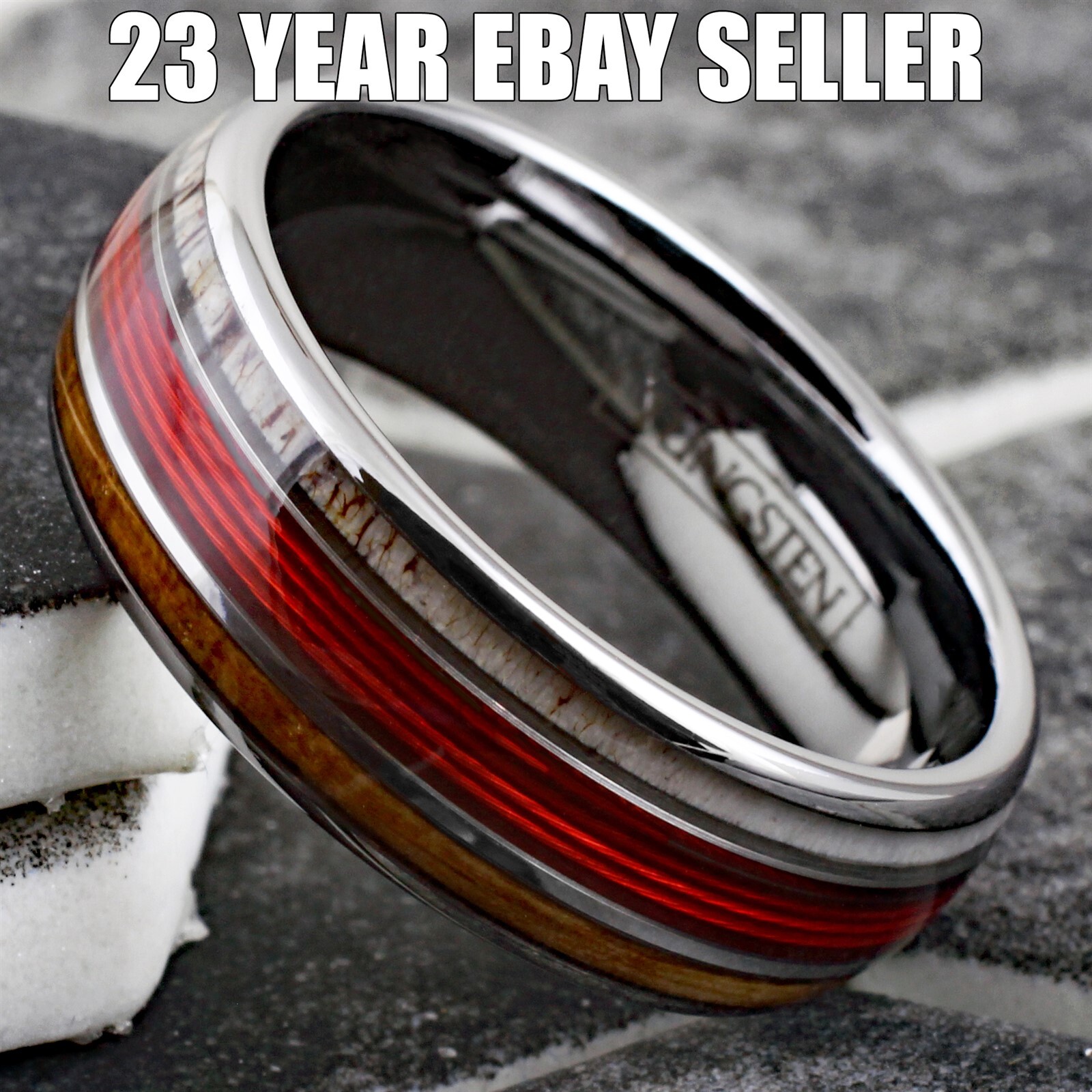 Tungsten Carbide Men’s Ring Red Fishing Line-Whiskey Barrel & Deer Antler Band