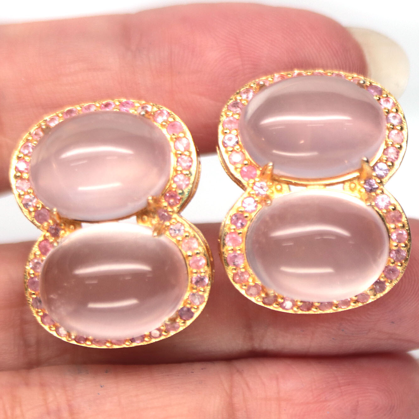 925 Sterling Silver 12 x 15 mm. Pink Rose Quartz & Pink Sapphire Earrings