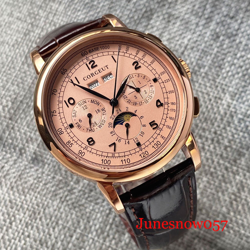 Corgeut Men Watch Rose Gold ST1655 Movement Automatic Month Week Year Moon Phase