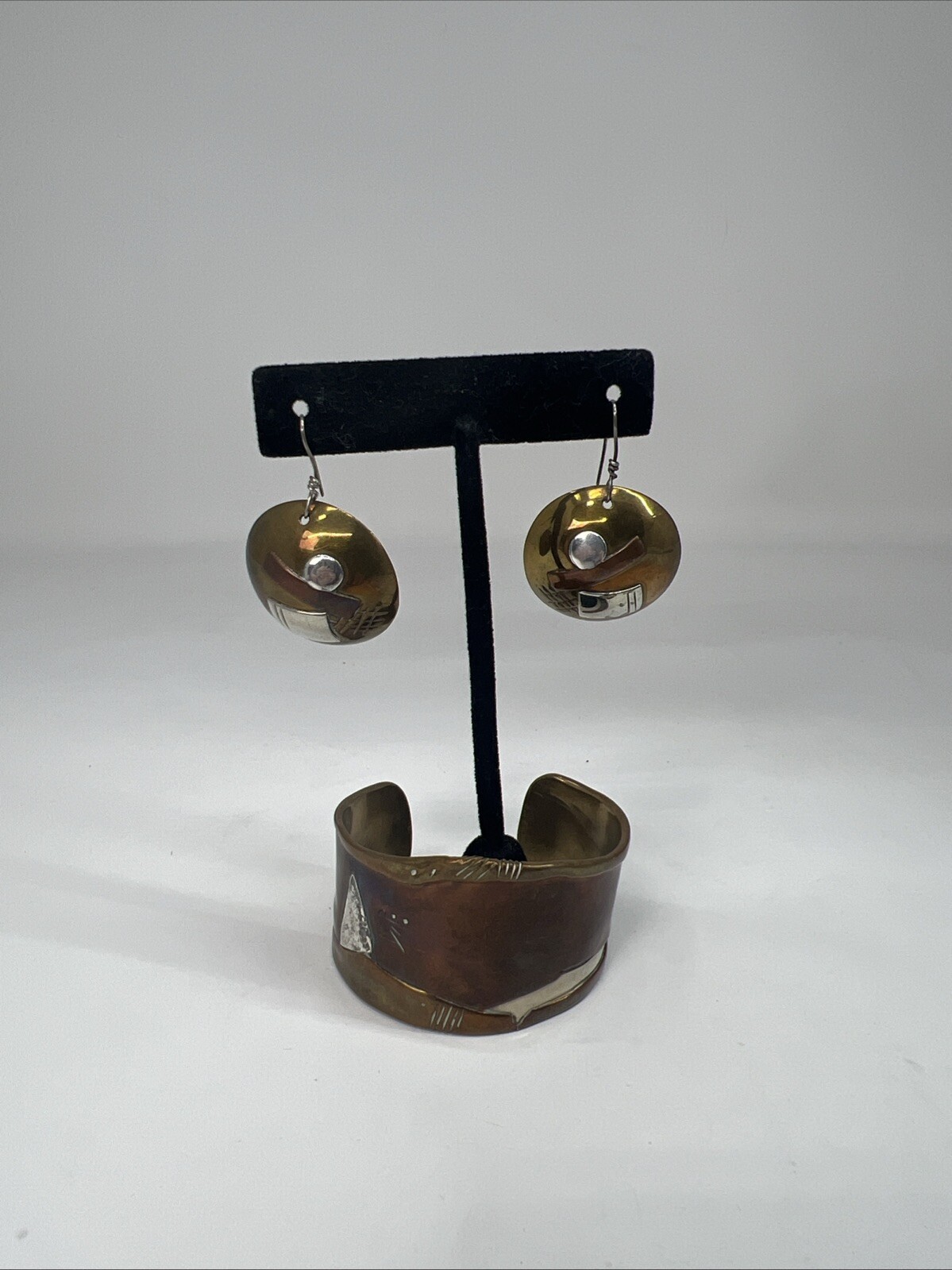 Copper, Brass, Sterling Artisan Earrings And Matching Cuff With Unknown Maker