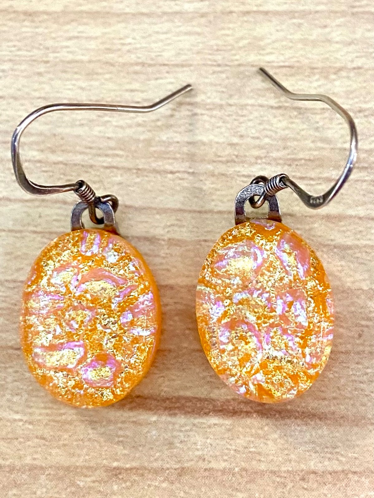 Orange Fused Dichroic Art Glass Dangle Earrings – Sterling Silver Ear Wires