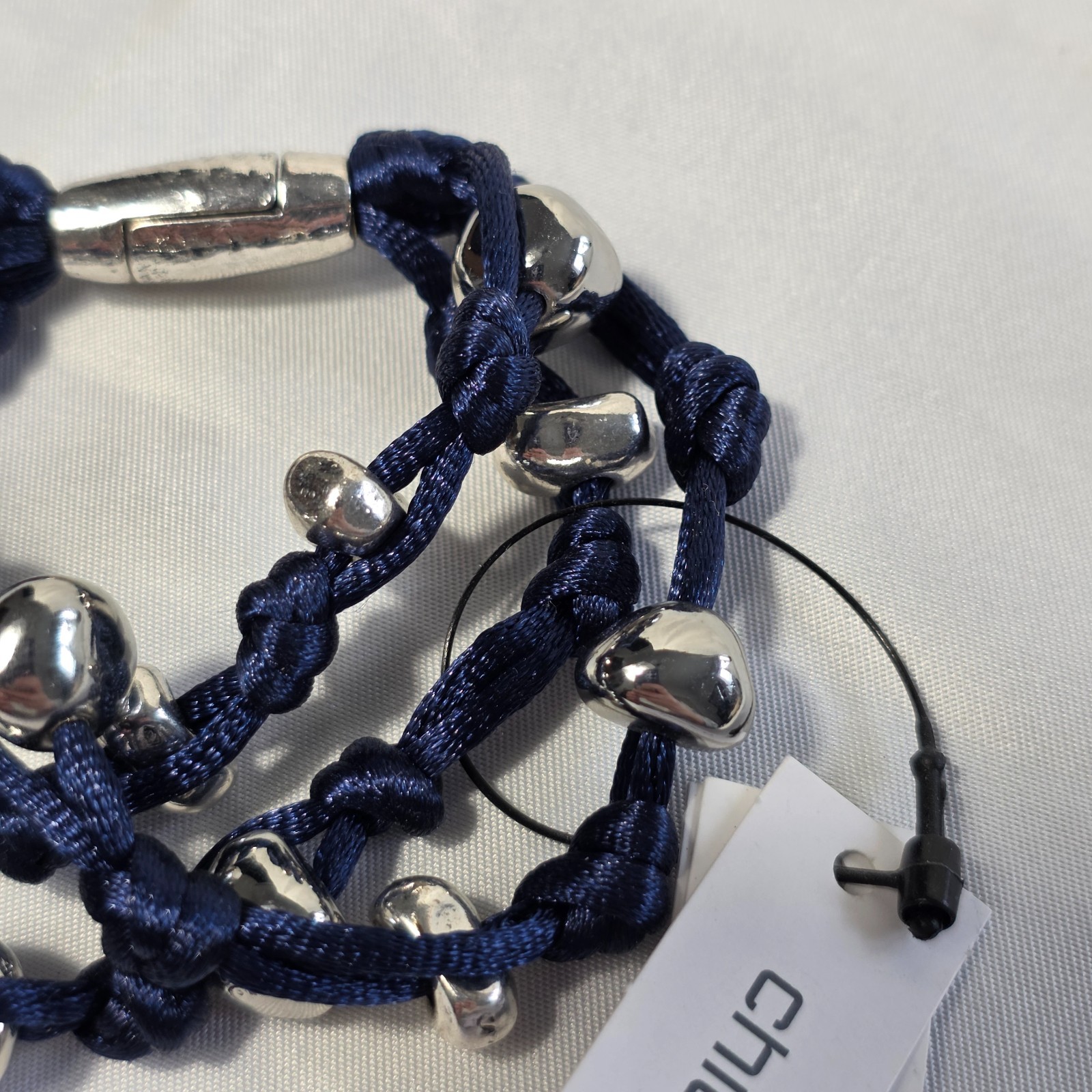 Chico’s Blue Silk Cord Multi-Strand Knotted Bracelet Silver Pebble Beads NEW