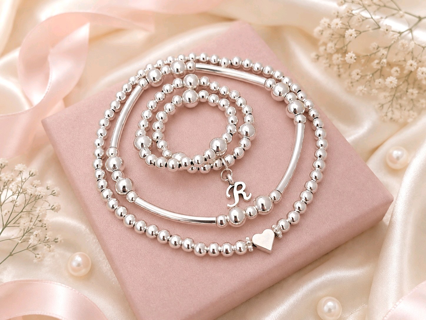 Personalised Initial Heart Bracelet Set Silver Bead Stacking Gift Women