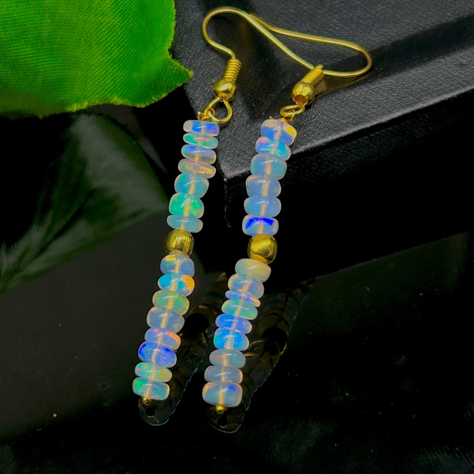 Multifire White Opal Beads Dangle Earrings, AAA+ Opal Gemstone Gold Earrings