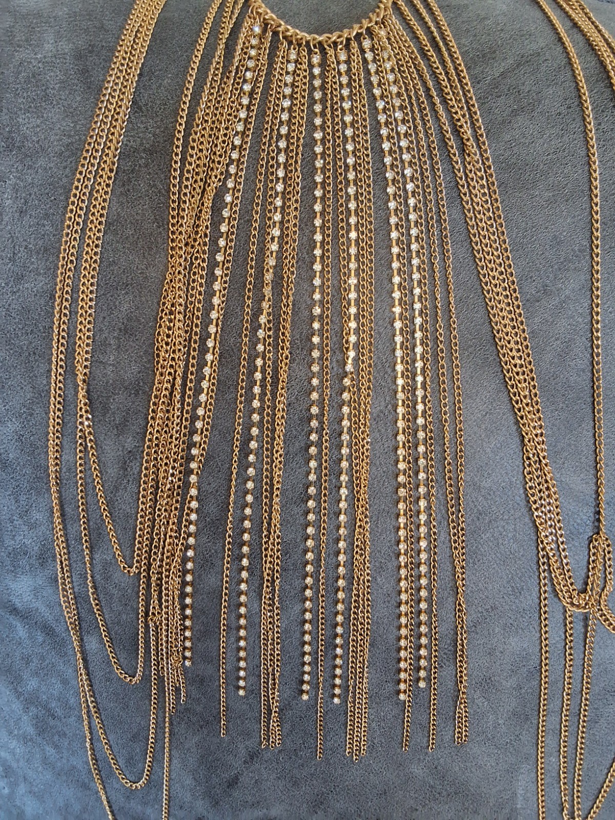 Signed BB Multi Strand Waterfall Gold Tone & Rhinestone Strand Necklace.