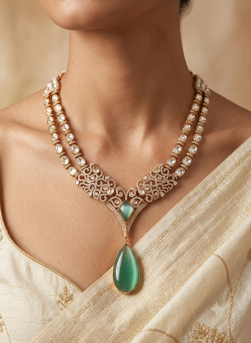 Eshal Handcrafted Mint Green Kundan Necklace with Teardrop Pendant Roz Jewellers