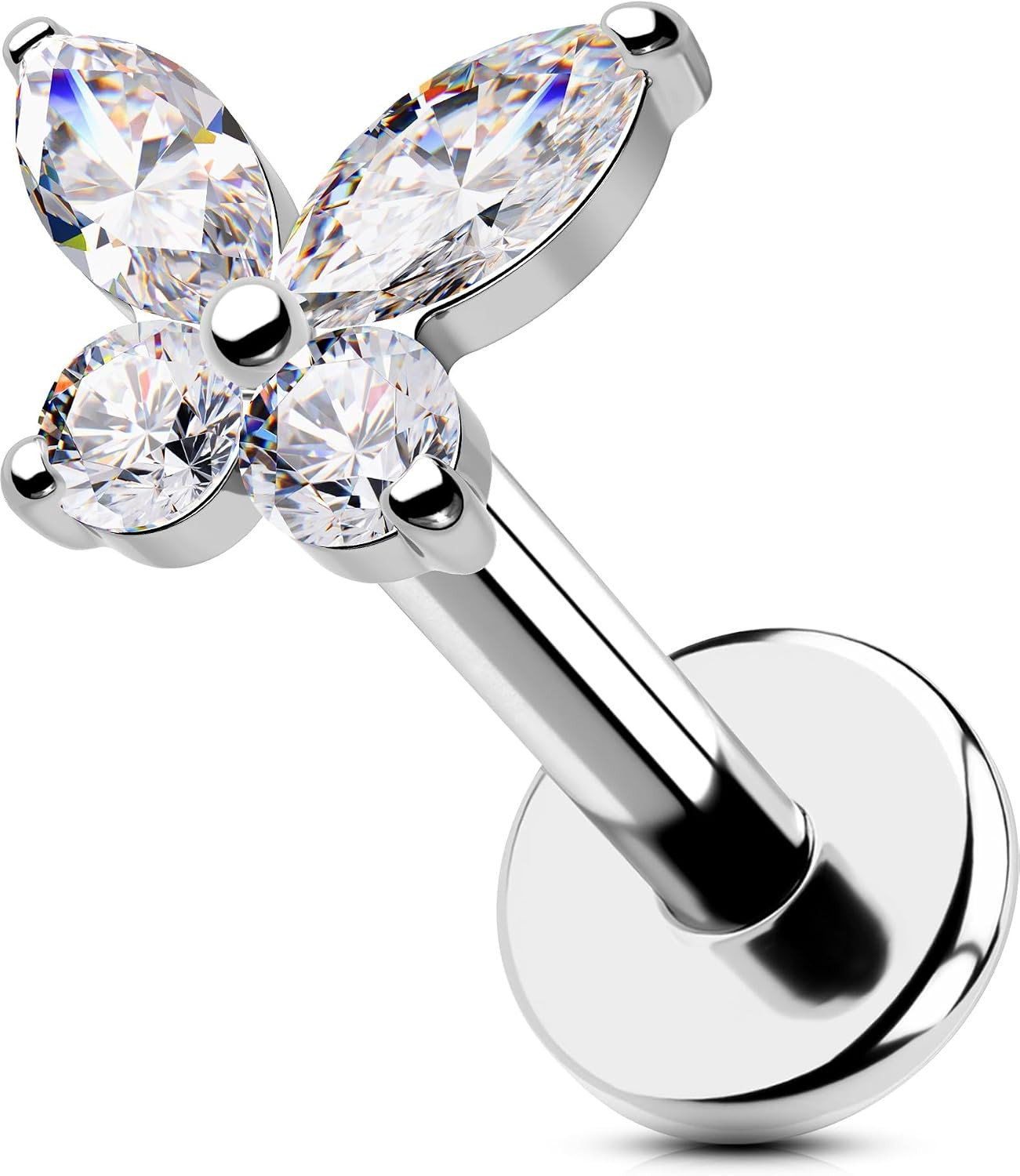 Threadless Butterfly Labret Stud, 316L Surgical Steel Flat Back Push in Piercing