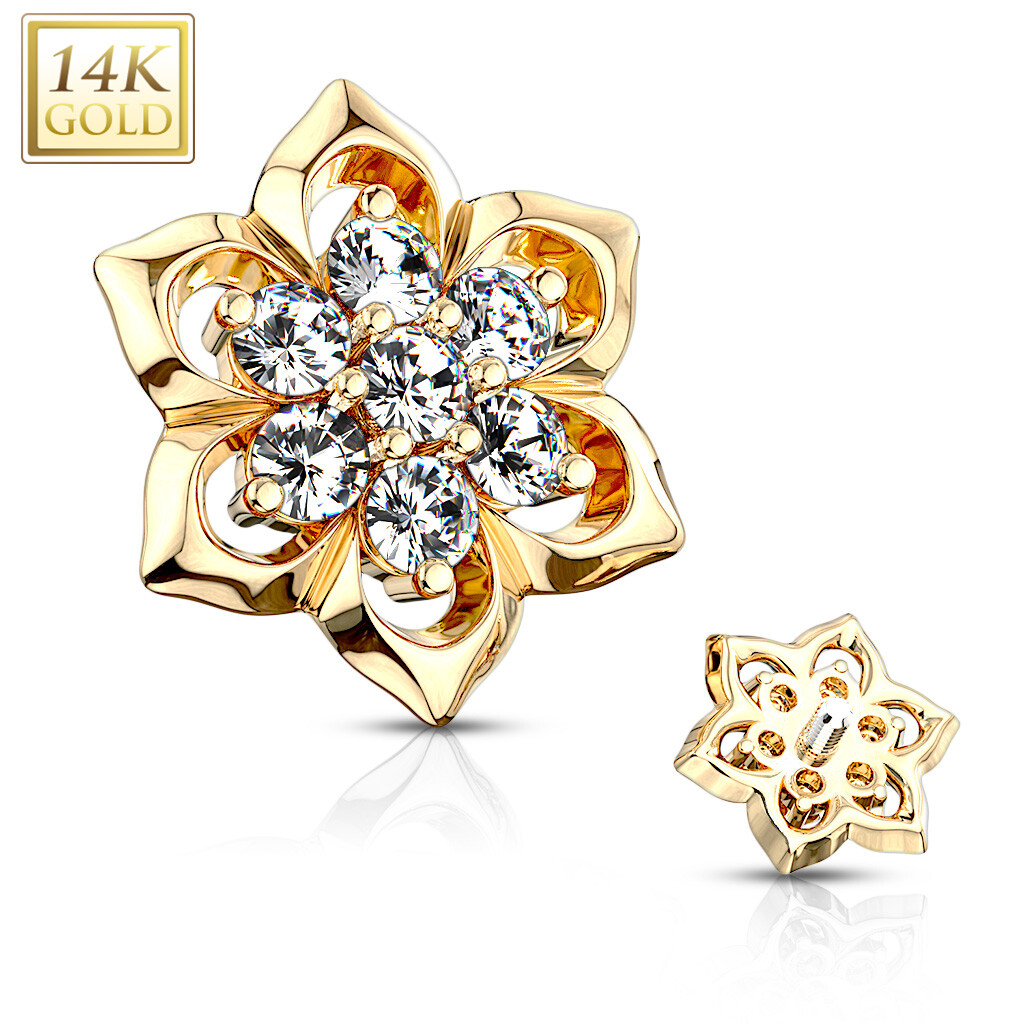 14K Solid Gold CZ Cluster Center Flower Dermal Anchor Top 14g