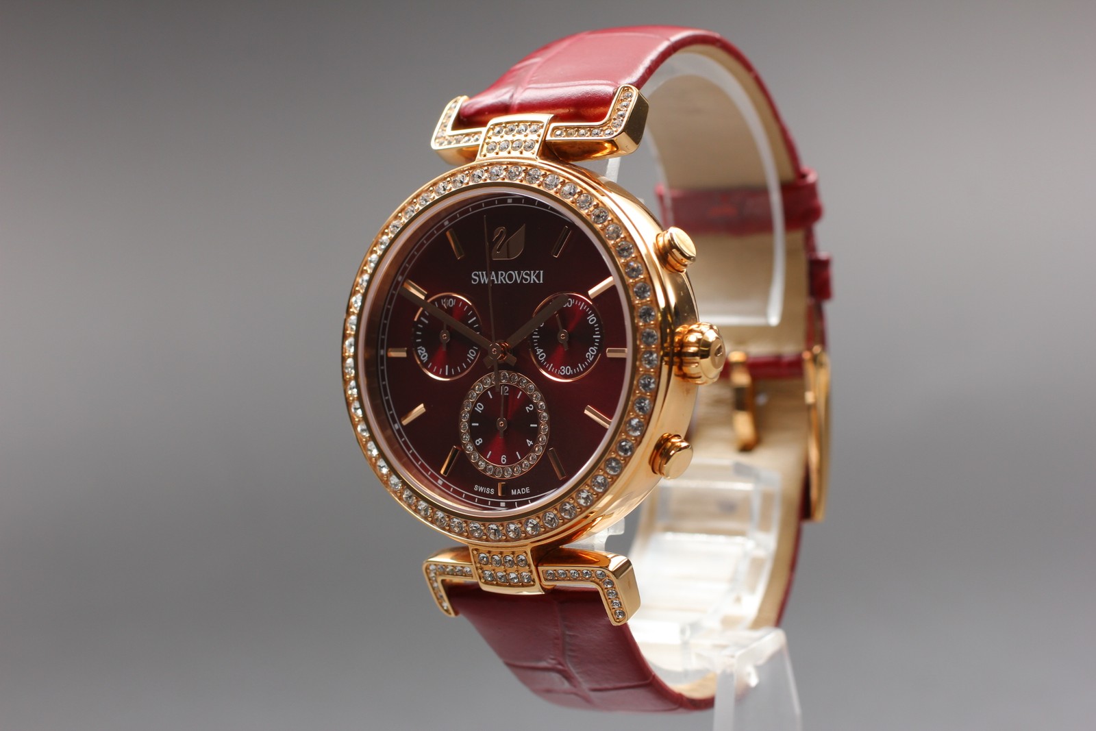 Top MINT Swarovski Chronograph Swiss Made Quartz Red Rose Gold Watch From JAPAN