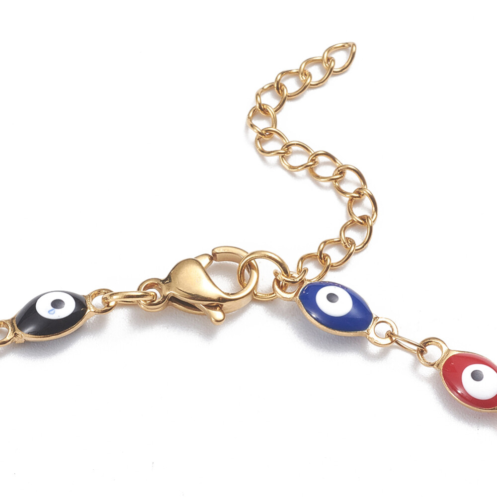 304 Stainless Steel Anklets Enamel Lobster Evil Eye Multicolor Gold 9.6″  A49