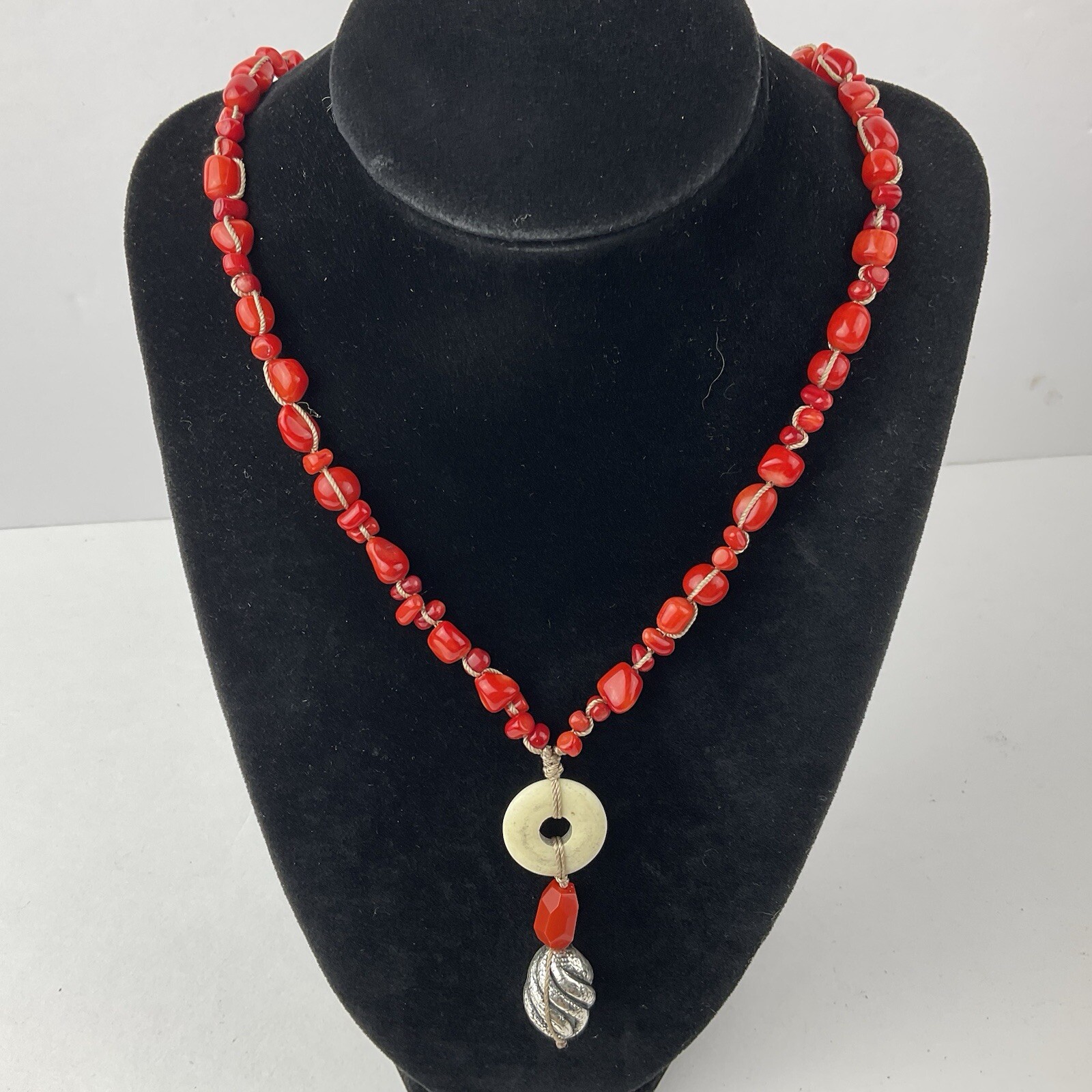 Ail Aluma Red Orange Coral Beaded Sterling Silver Y Pendant Necklace Boho 22”