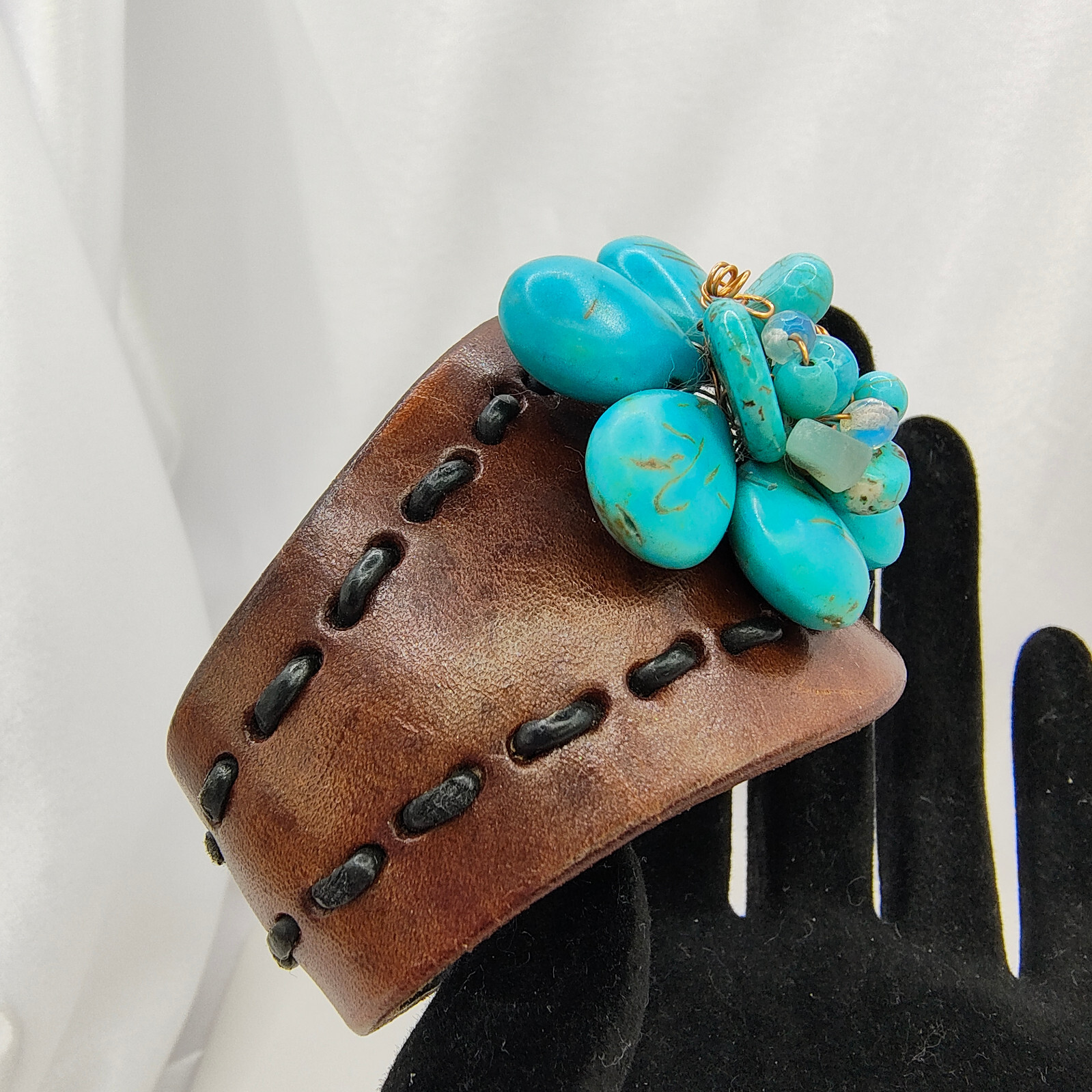 Leather Faux Turquoise Flower Cuff Bracelet Bohemian Ecclectic Statement