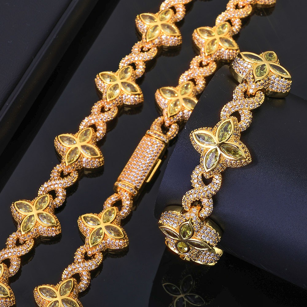 18K Gold Plated Four Leaf Clover Chain 5A Iced CZ Out Hip Hop Jewelry for Men