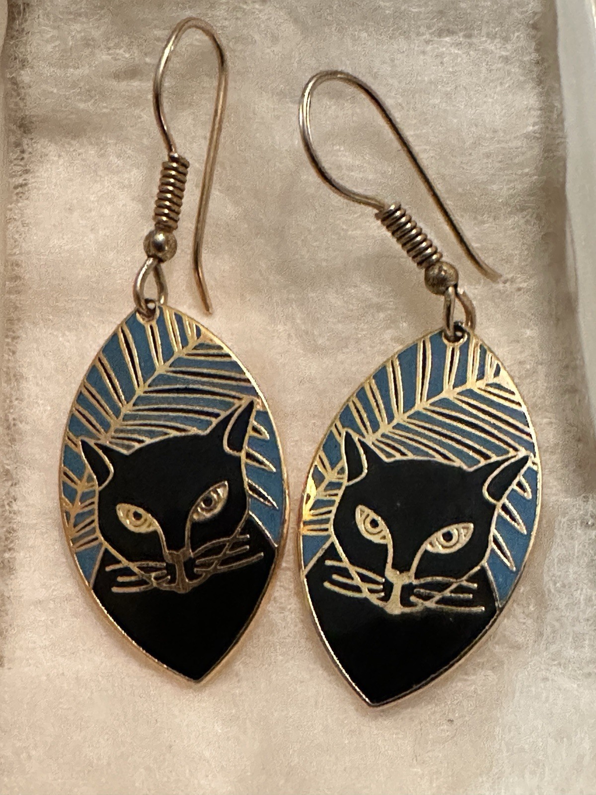 Black Cat Panthers With Blue Background Gold Tone And Enamel Earrings