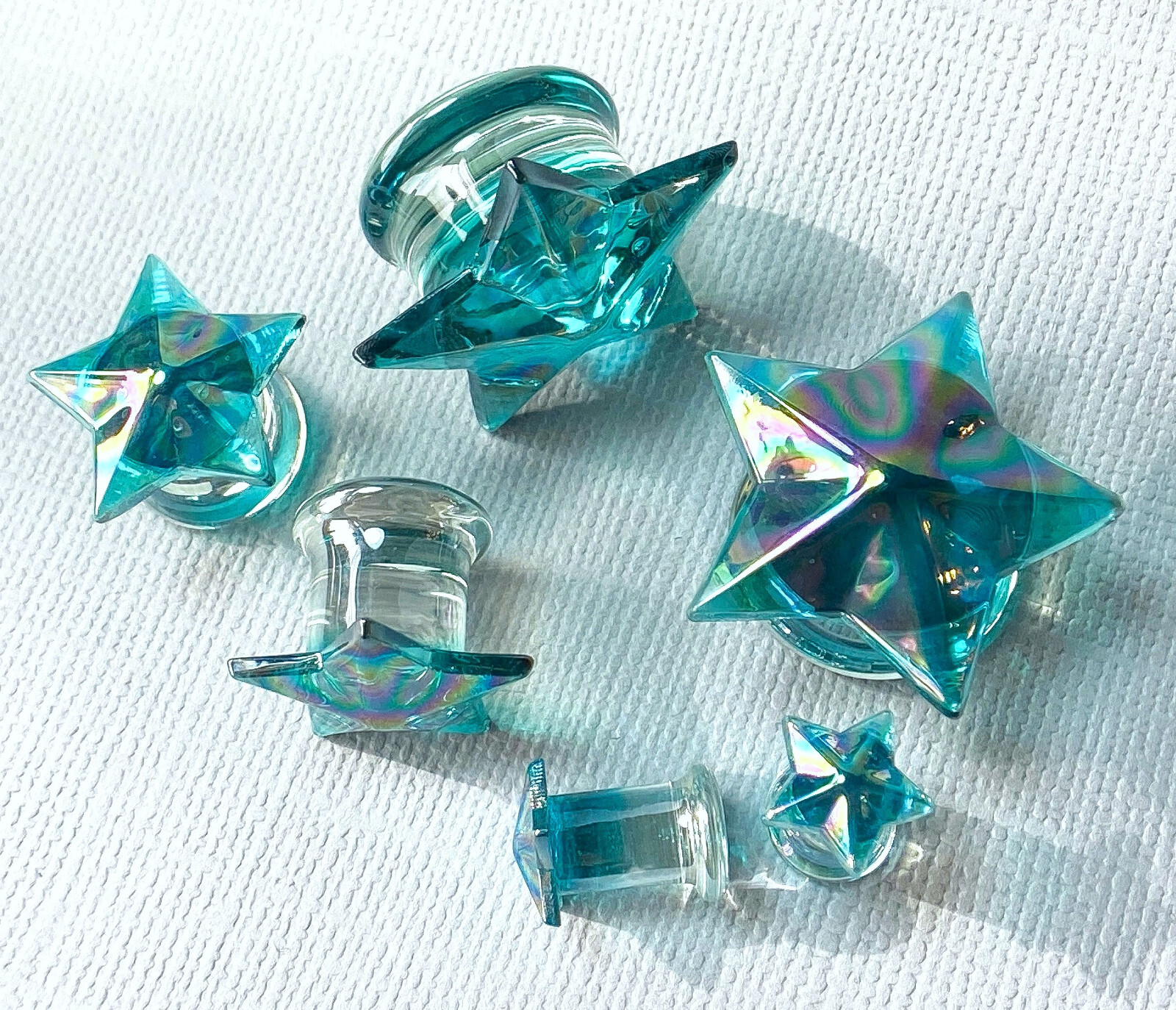 PAIR Glass Plugs Aqua Star Double Flare Gauges Tunnels Piercing Body Jewelry