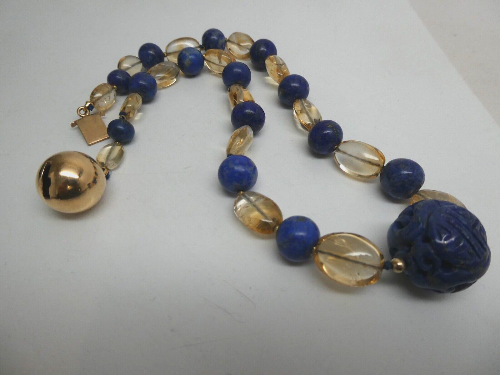 Vintage Lapis Lazuli & Citrine Gemstone Bead Carved Gold Filled Necklace 15.5″