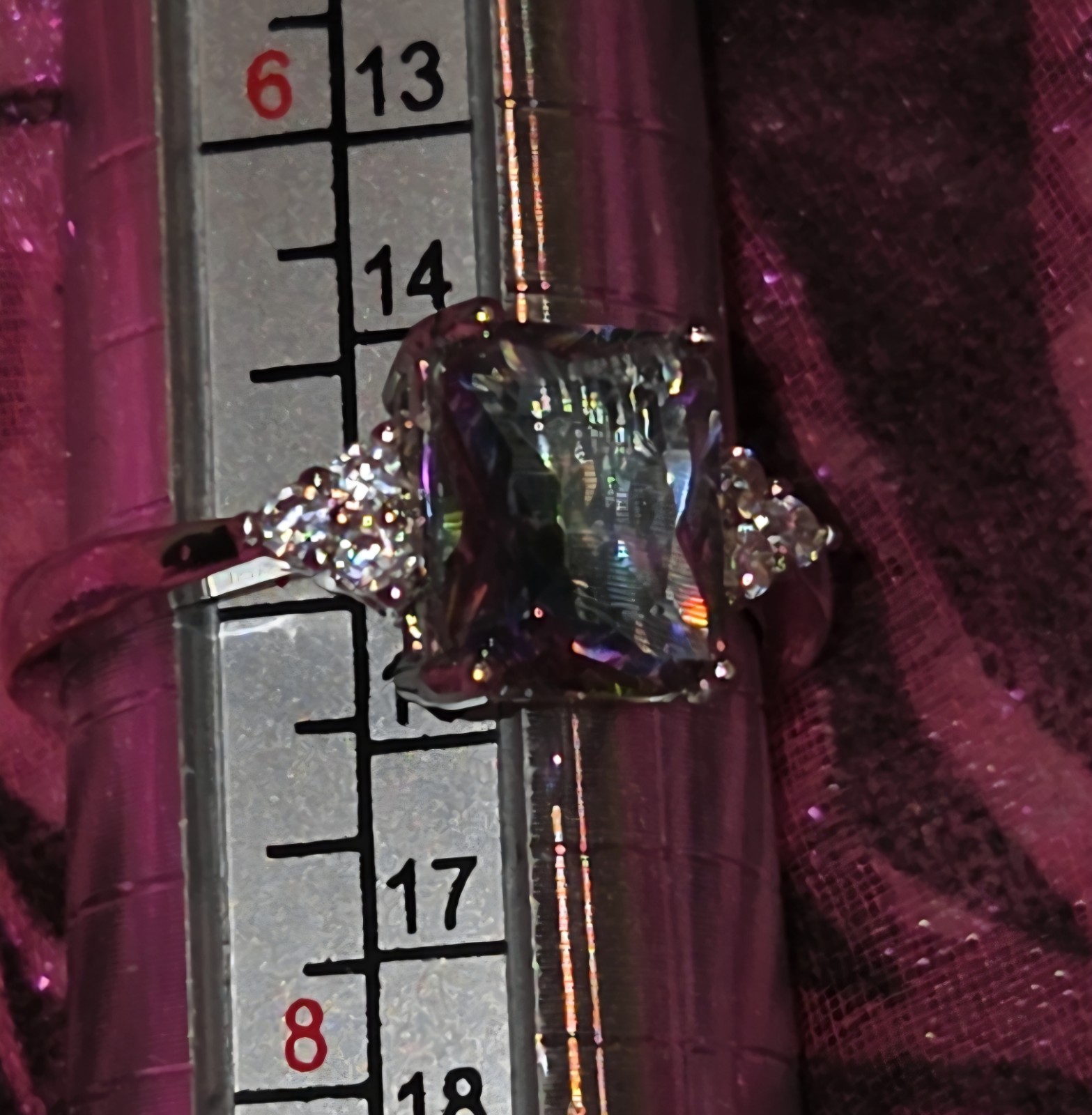 Sterling 925 Emerald Cut Multi Mystic Topaz Size 7 Ring w/6 Clear Accent Stones