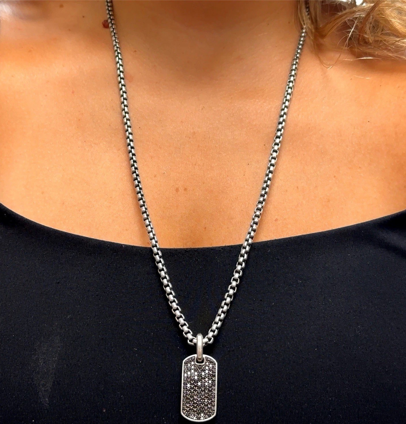 David Yurman Silver Black Diamonds Chevron Tag Pendant Necklace $2600 / 27mm