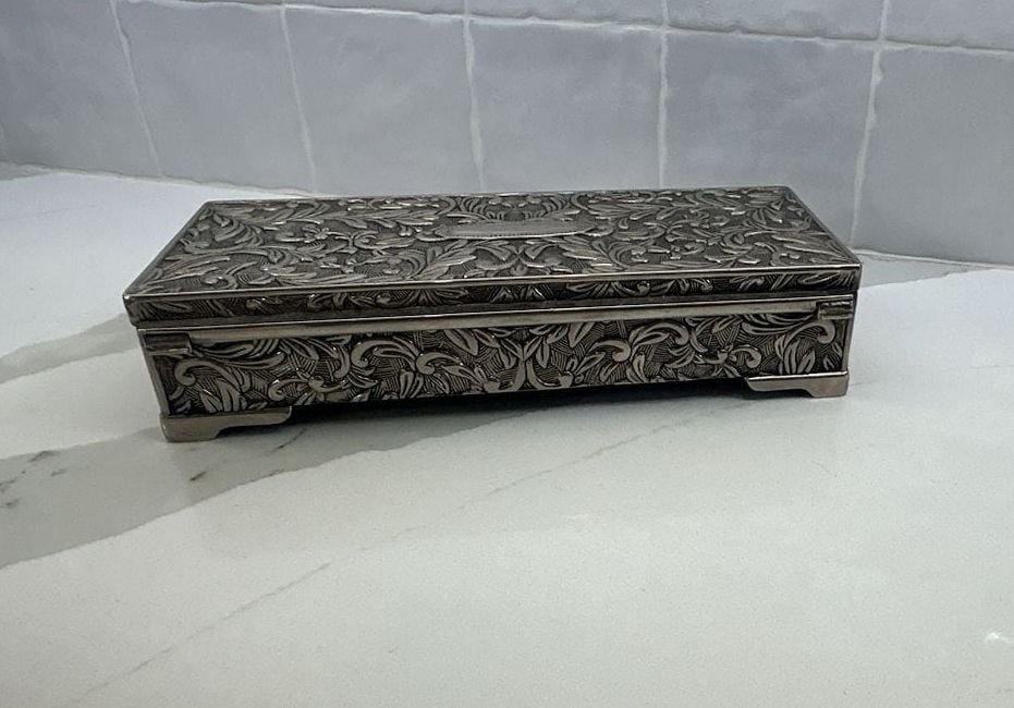 Vintage Godinger Silver Plated Ornate Embossed Jewelry Box with Mirror
