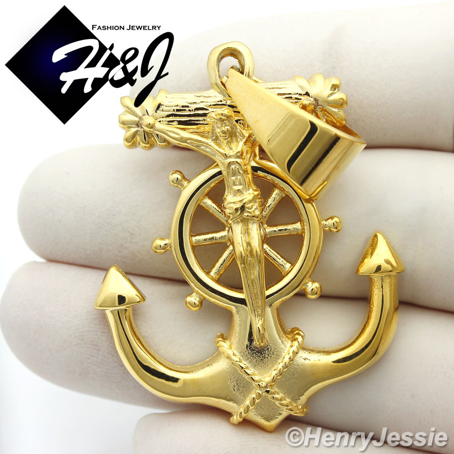 MEN’s Stainless Steel Gold Plated Anchor JESUS Cross Charm Pendant*GP58