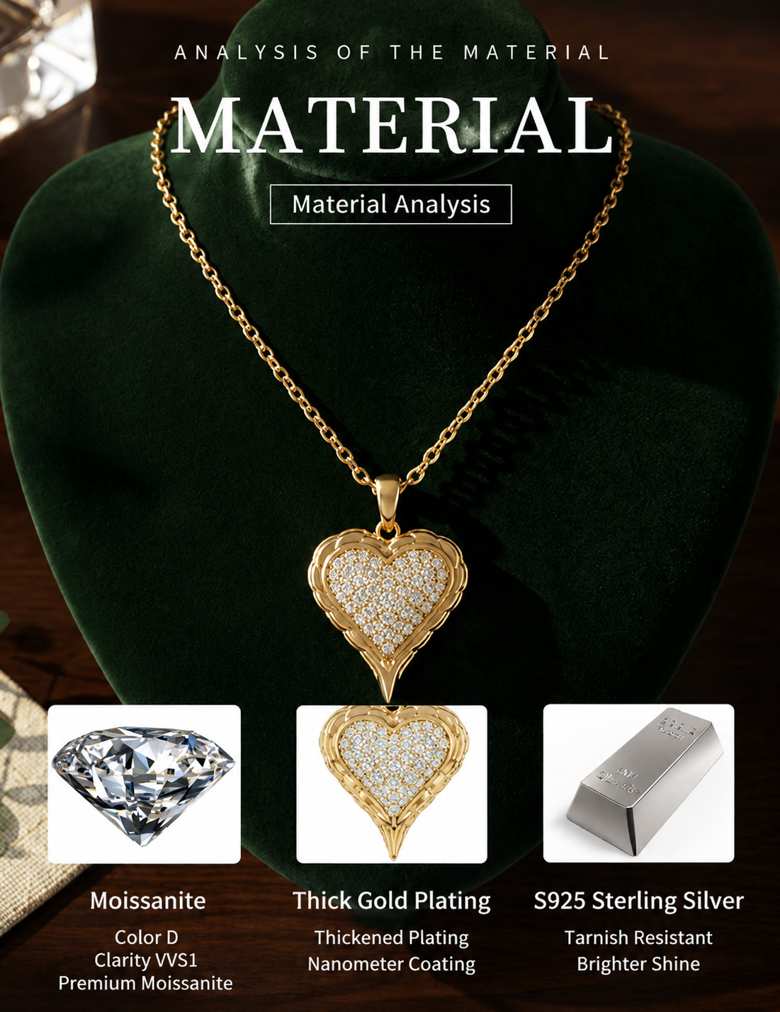 925 Sterling Silver Moissanite Double Heart Pave Pendant Necklace for Women