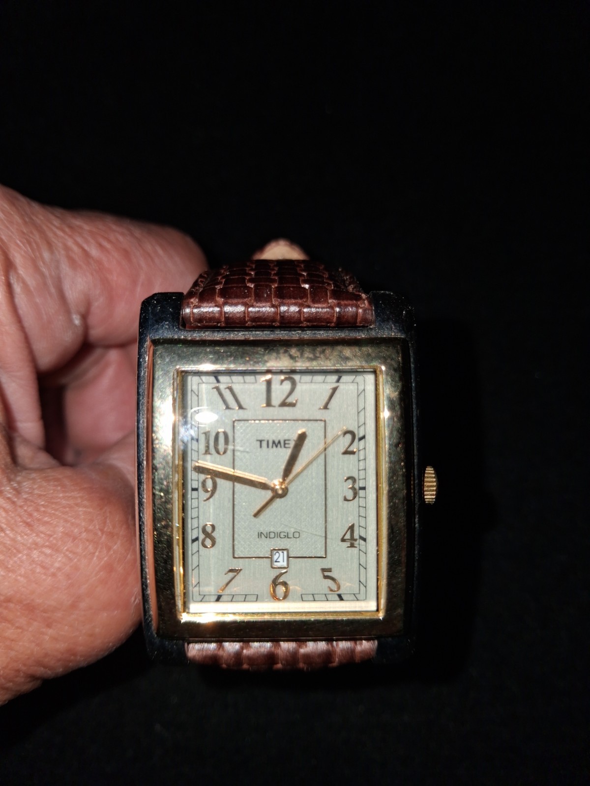 Timex INDIGLO Date Quartz Rectangular Silver Dial Brown Leather Strap 30m