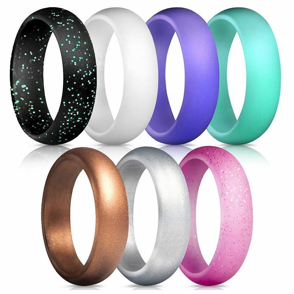 7pcs Flexible Silicone Wedding Ring Womens Engagement Sport Rubber Band Size 5-9