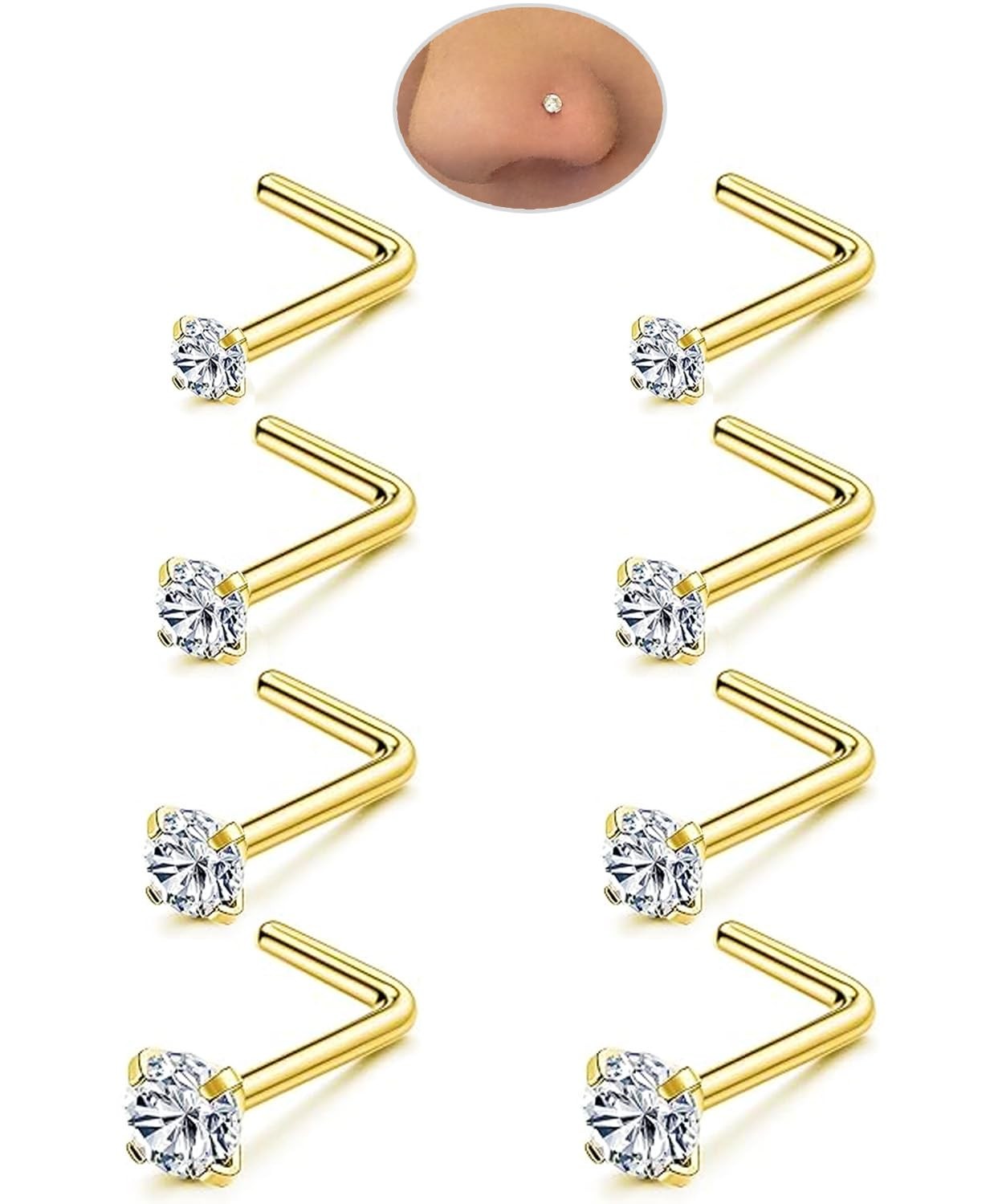 Nose Rings Studs Set for Women Men: 8Pcs 18G 20G 22G 20G/0.8mm, Gold