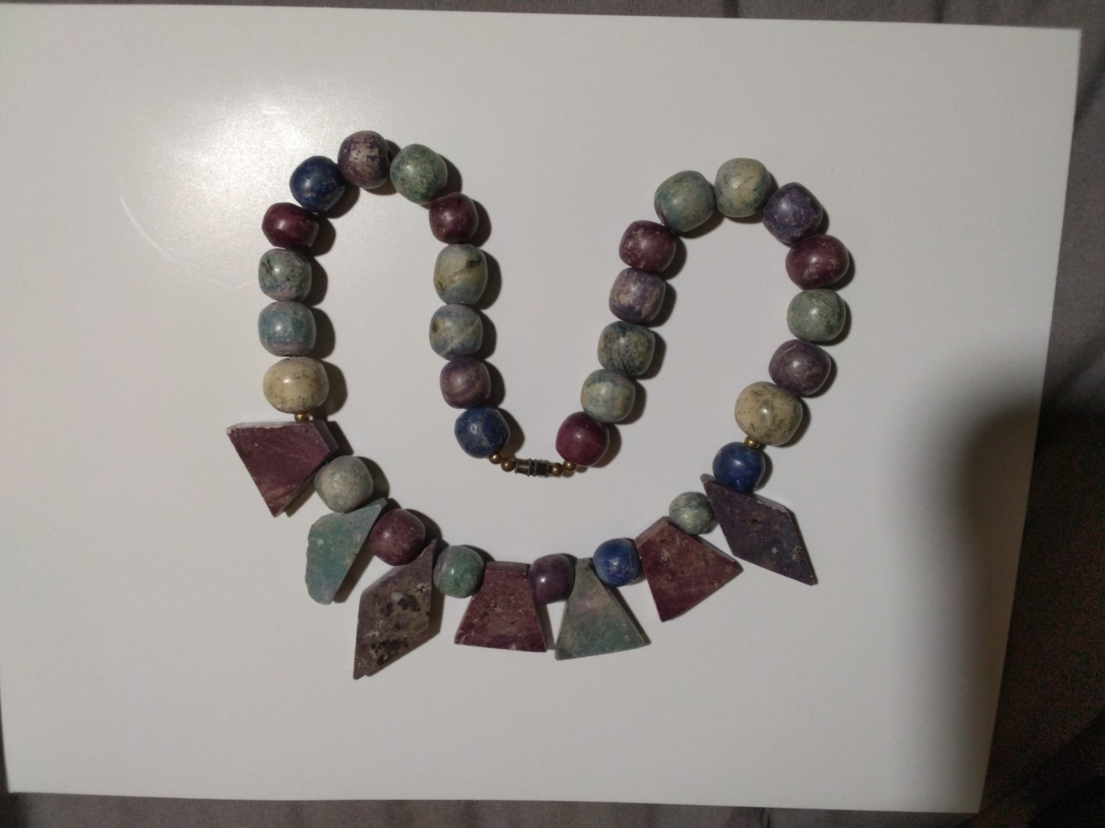 Artisan Multi Gemstone Statement Necklace 19” Chunky Geometric Tabs Lapis Agate