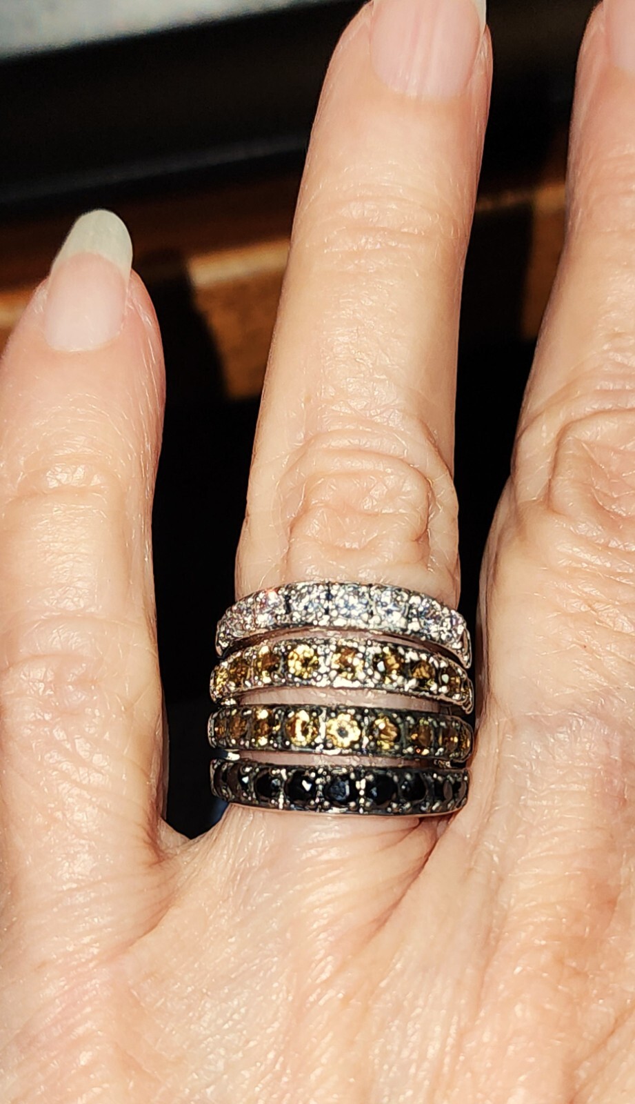 Band Ring-Silvertone-3/4″ Wide-4 Rows of SHINY Colored CZ’s-NWT-Size Selectable