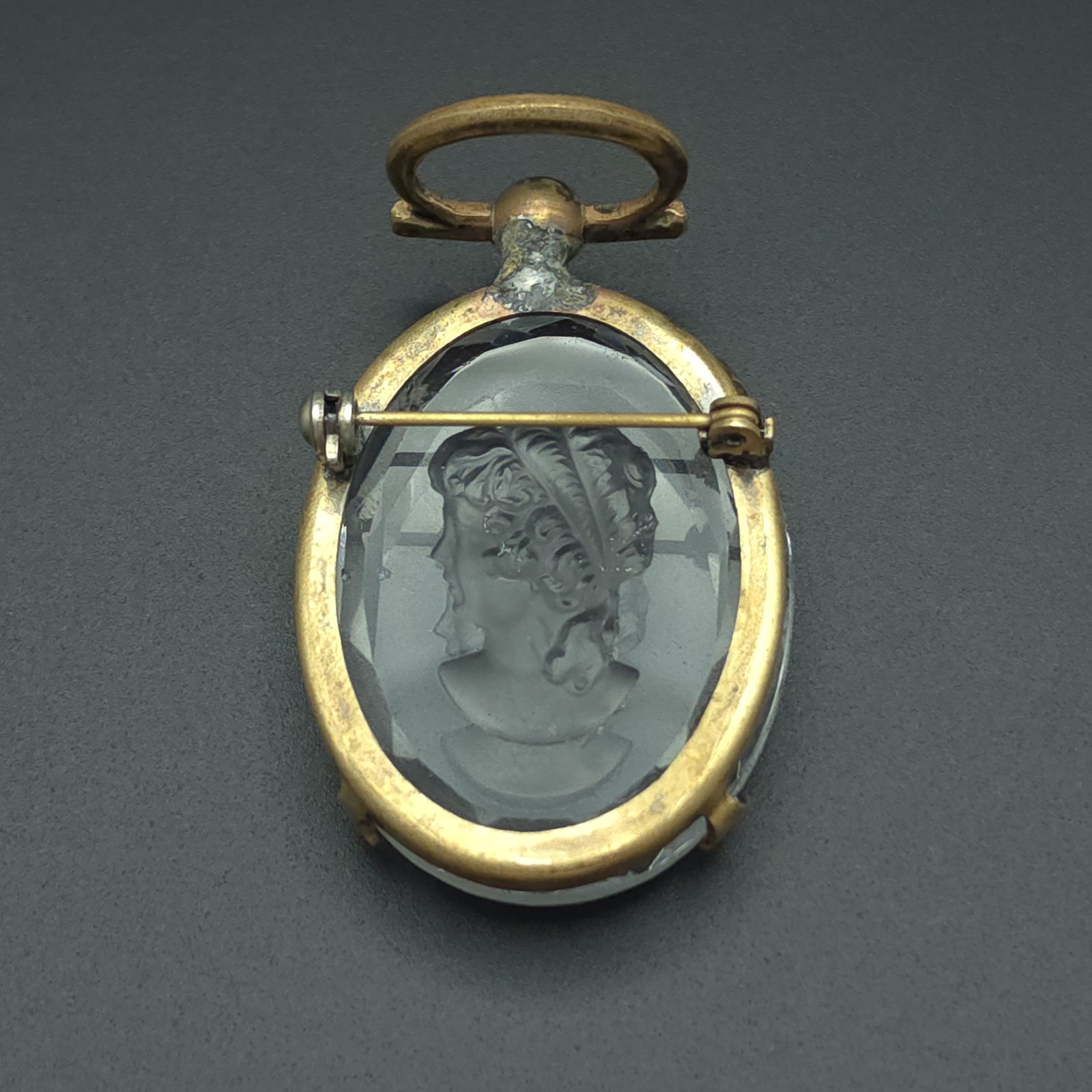 Antique Victorian Reverse Carved Crystal Intaglio Cameo Brooch Pendant Classical