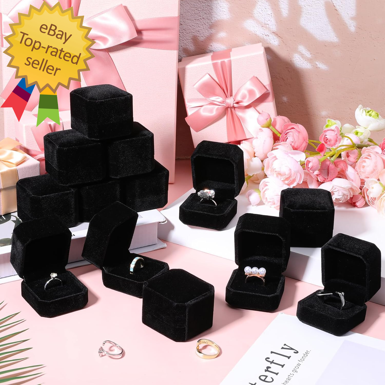 36 Pcs Black Velvet Ring Boxes Bulk, 2.13 X 1.97 X 1.54 Inch Rings Case Earring