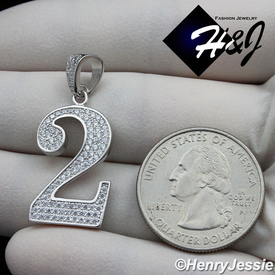 MEN WOMEN SOLID 925 STERLING SILVER ICY BLING CZ SILVER NUMBER”2″ PENDANT*SP179