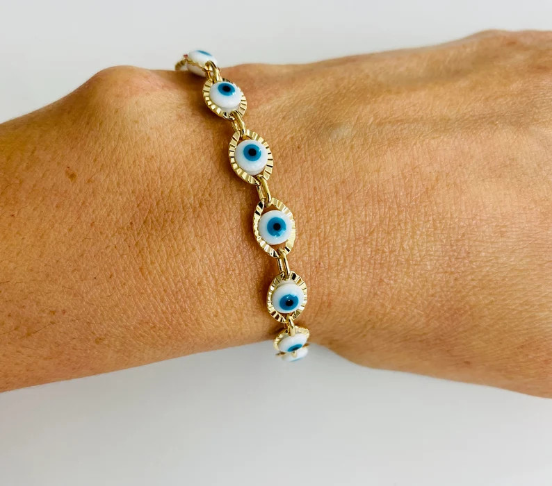 18K GOLD PLATED EVIL EYE BRACELET GOOD LUCK 7.25” Long- B152