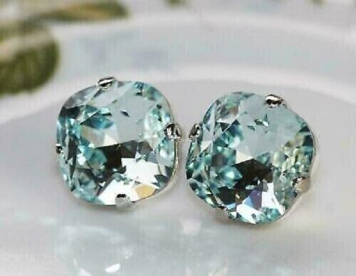 4Ct Cushion Cut Aquamarine Women’s Push Back Stud Earrings 14K White Gold Plated
