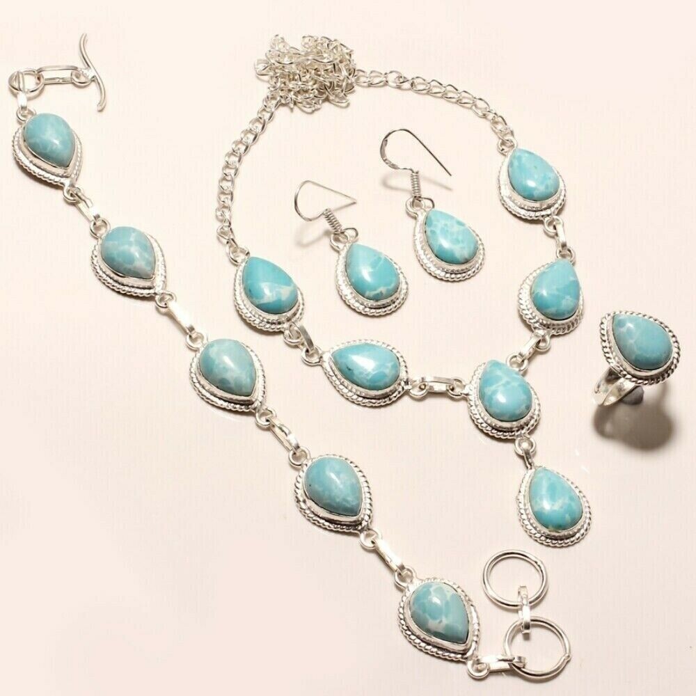 Caribbean Larimar Gemstone Handmade Necklace, Bracelet, Ring, Earring Set FK98