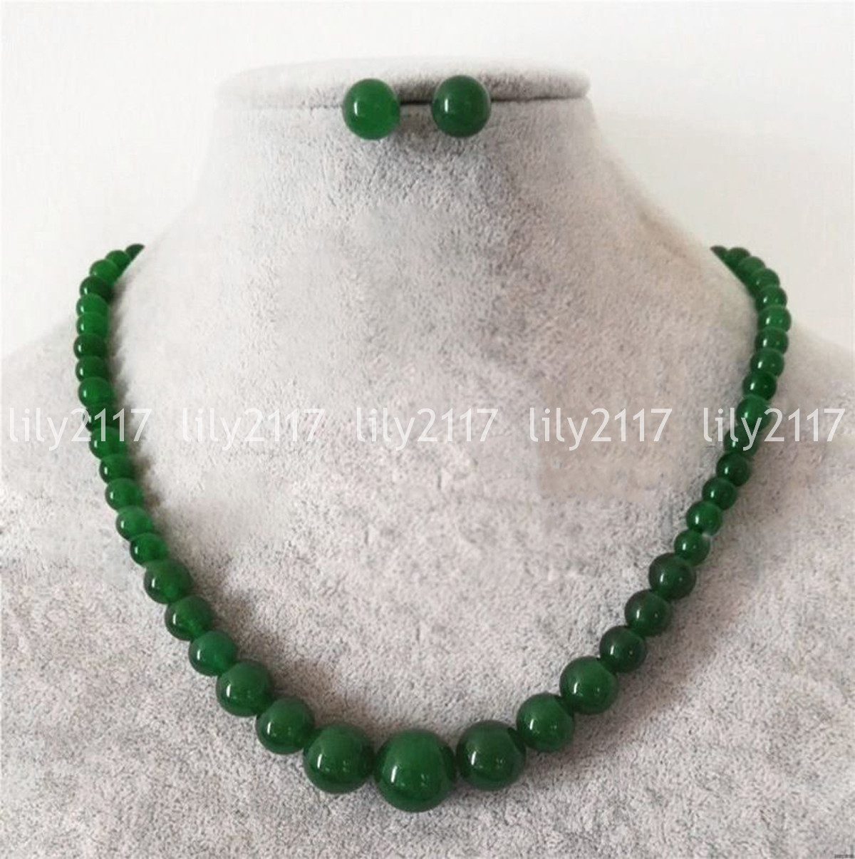 Natural 6-14mm Green Jade Round Gemstone Beads Necklace Earrings Set 18” AAA