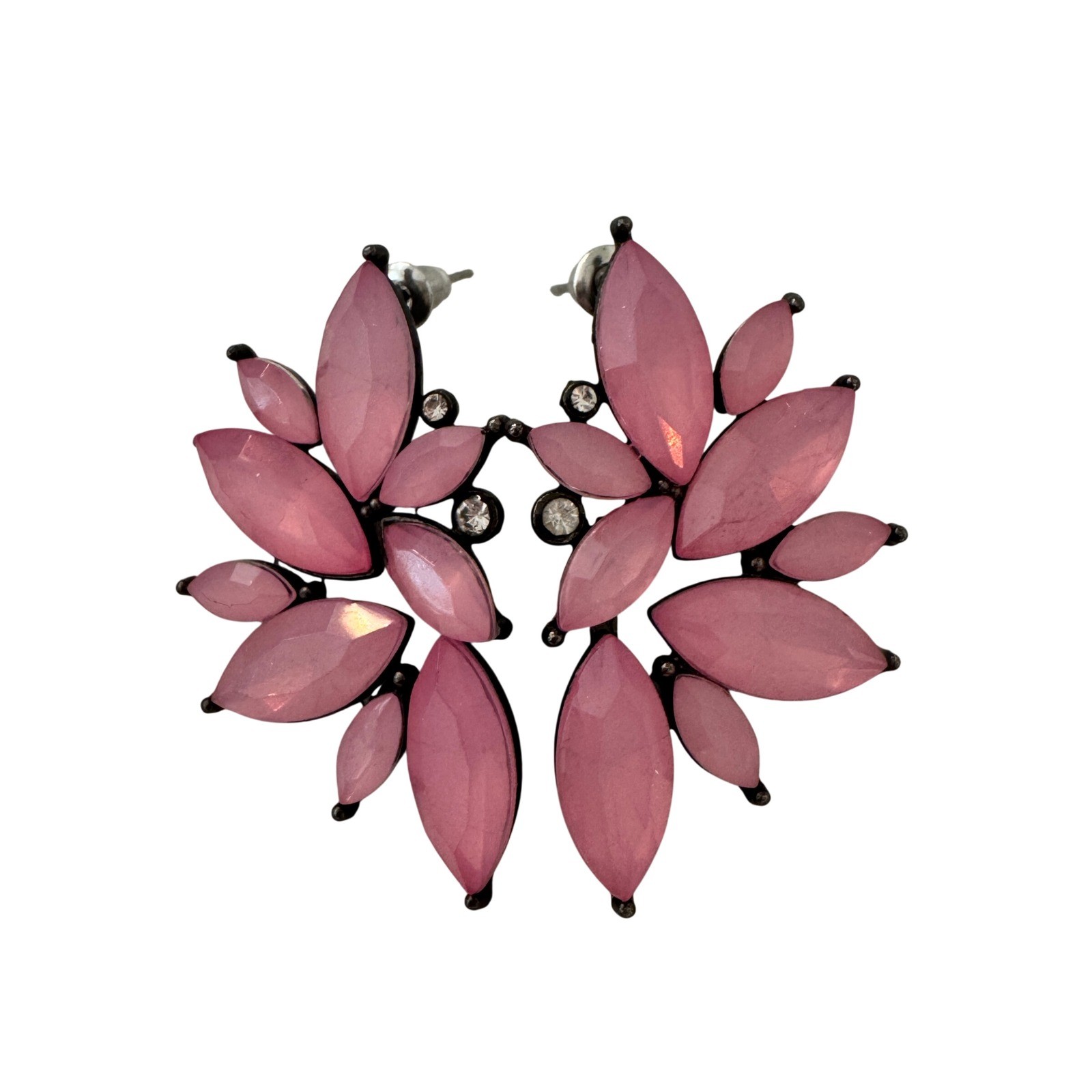 Pink Marquise Resin Floral Statement Earrings Gunmetal Tone Post Back Sparkle