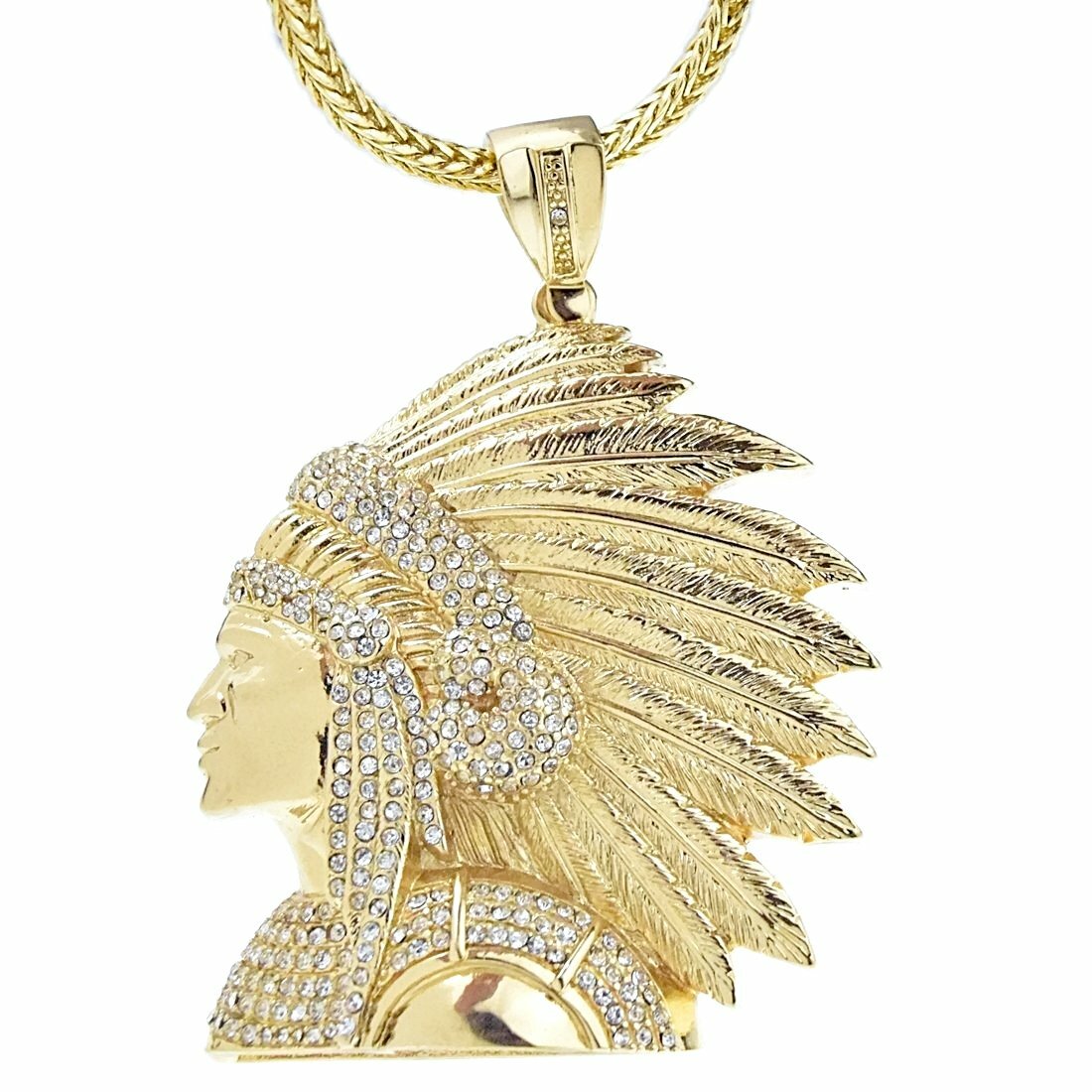 14k Gold Plated Big Apache Indian Chief Simulated CZ Pendant Franco Chain 36″