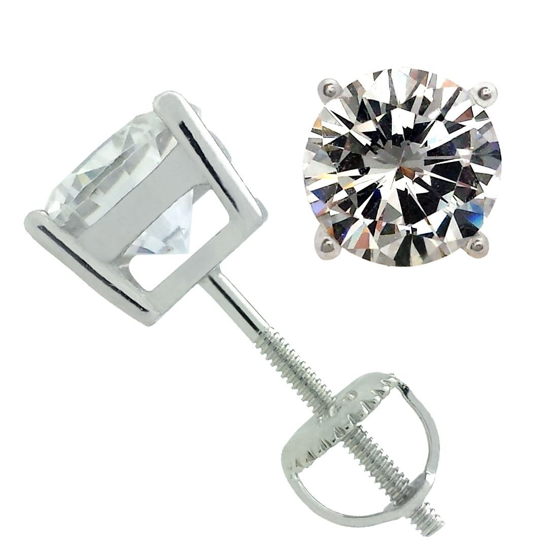 925 STERLING SILVER SOLITAIRE CZ SCREW BACK STUD EARRINGS RHODIUM PLATED