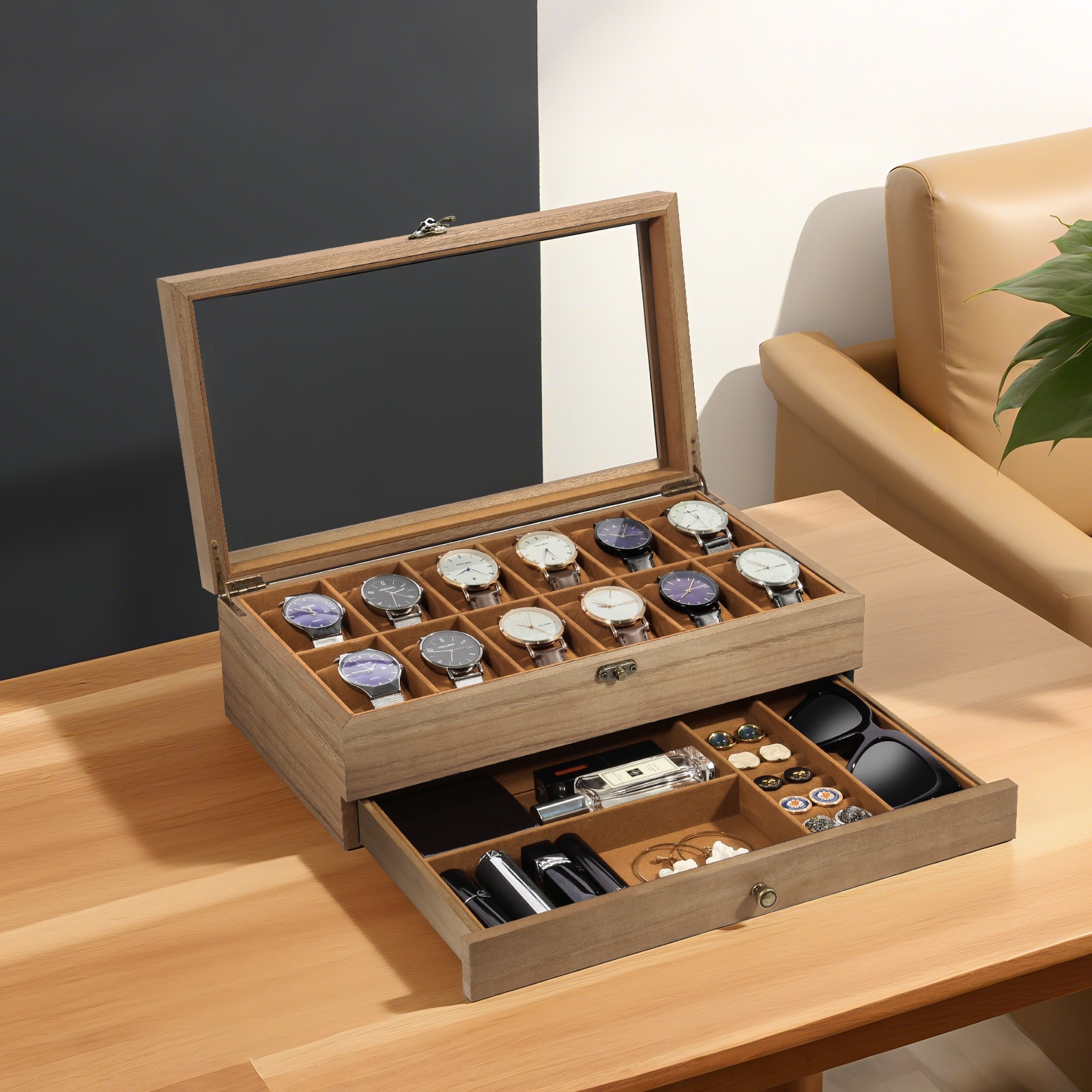 12 Slots Watch Box Solid Wood Storage Display Case Wrist Watch Case